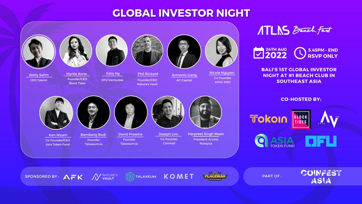blocktides's tweet photo. Bali 1st Global Investor Night at Atlas Beach Fest is live in BALI 🏝

This event Cohosted by: Tokoin, APAC DAO, BlockTides, Asia Token Fund, OFU Venture 

🎖 With a track record of over 50+ meetups and 6K attendees from 20+ APAC countries 🌎

📅 24 August 2022 https://t.co/nTxab3MCOH