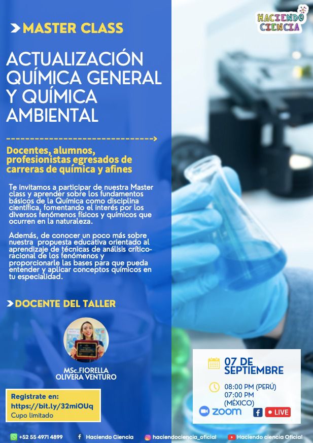 OliveraFiorella's tweet photo. 🚀 MASTER CLASS: ACTUALIZACIÓN DE QUIMICA GENERAL Y AMBIENTAL 🧬 👤Dirigido a: docentes, investigadores, estudiantes y público en general
🗓Día: Miércoles 07 de Septiembre
🕣 Hora: 08:00 PM
🚀 Inscripción aqui:
https://t.co/ys0LKcxaub
#ciencia #masterclassgratuita #quimica https://t.co/iiOigN6CV3