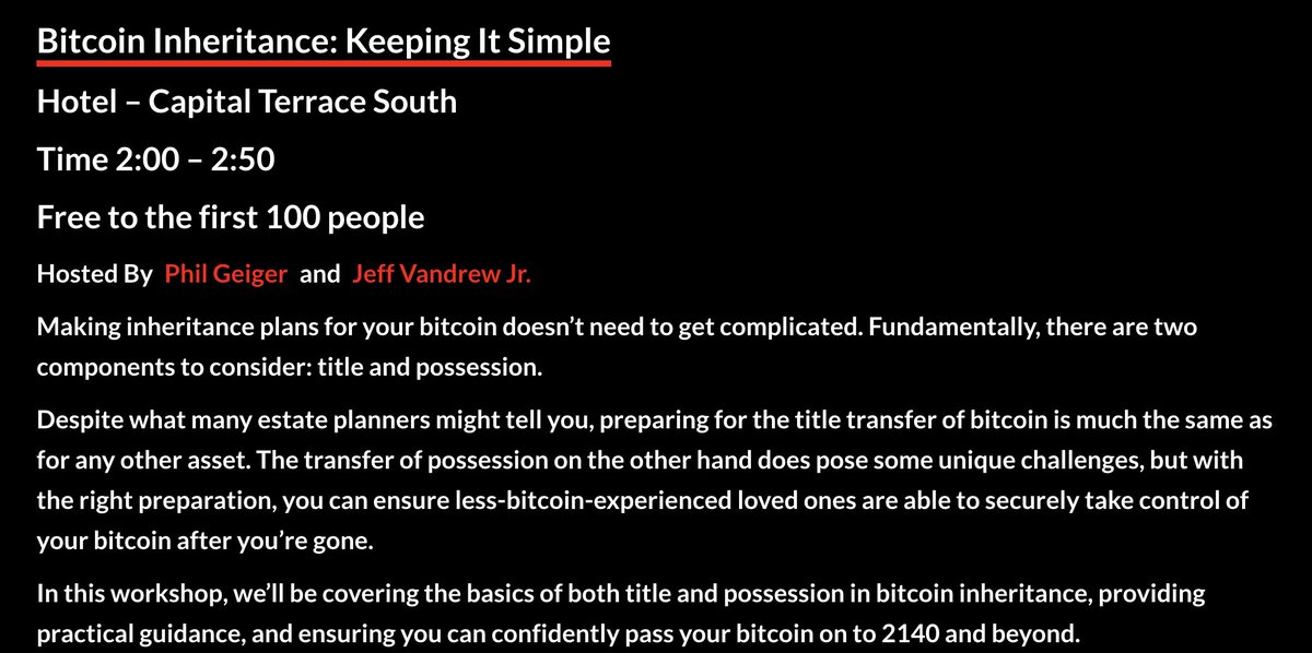 Phil Geiger (@phil_geiger) on Twitter photo Attending <a href="/bitblockboom/">BitBlockBoom - April 9th - 12th 2026</a> this year?
Intending to pass your #bitcoin down to your descendants in 2140 and beyond?
Inheritance doesn't need to be expensive and complicated! Come check out the workshop <a href="/vandrewattycpa/">Jeff Vandrew Jr</a> and I are hosting on Friday at 2pm CT Attending <a href="/bitblockboom/">BitBlockBoom - April 9th - 12th 2026</a> this year?
Intending to pass your #bitcoin down to your descendants in 2140 and beyond?
Inheritance doesn't need to be expensive and complicated! Come check out the workshop <a href="/vandrewattycpa/">Jeff Vandrew Jr</a> and I are hosting on Friday at 2pm CT