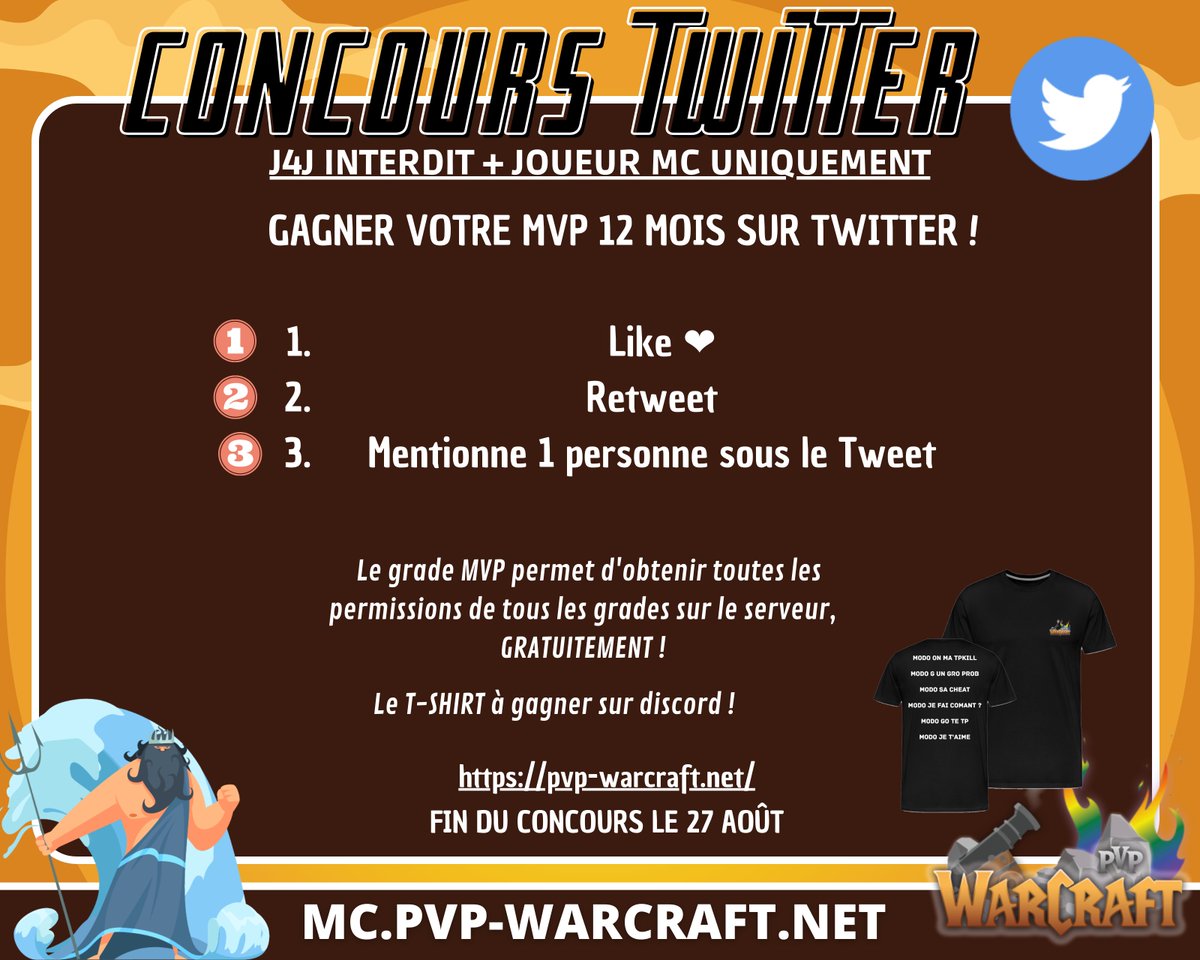 PvPWarcraftnet's tweet photo. #concours avant l'ouverture de notre serveur le 27 Août à 16h00 #minecraft #discord 

📣 Gagne 12 mois de MVP sur notre serveur #pvpwarcraft 

🟡 Like
🟢 Retweet
🟣 Mentionne 1 joueur 

🔶 IP : https://t.co/SK6sZuWiTS https://t.co/Naw5ncw0UJ
