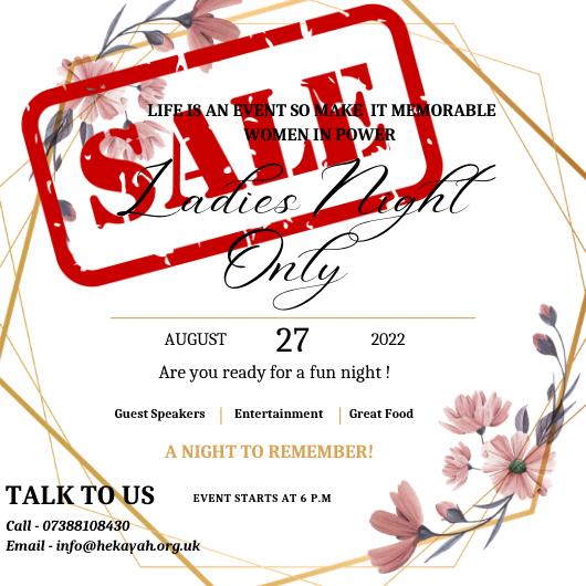 Don't miss your chance to bring family &amp; friends for a limited time. Book now !

Use the link below to book. 

eventbrite.co.uk/e/ladies-night…

Share with Family &amp; Friends. 

We look forward to seeing you all at the event.