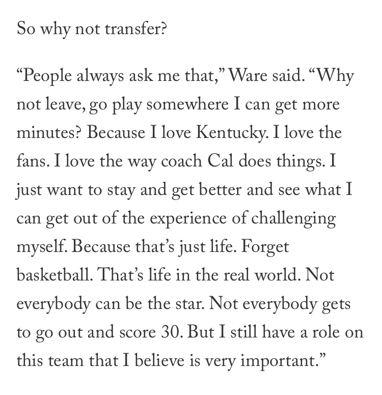 KyleTuckerCBB's tweet photo. Lance Ware was a top-40 recruit. As a junior, he’s still behind the national player of the year in Lexington.

So why not transfer?

“Because I love Kentucky.” And because finding and accepting a role is “real life.”

✍🏻 https://t.co/VAvFd0qOiJ https://t.co/AQ57tE4mxq