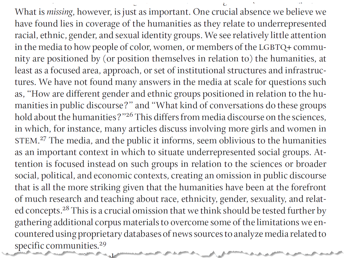 Alan Liu (@alanyliu) on Twitter photo Excerpt from <a href="/WE1Sproject/">WE1S Project</a> article, amacad.org/publication/wh…:
>> On lack of media attention to how underrepresented groups relate to humanities by contrast to the sciences. This was WE1S's most frustrating research inquiry: huge effort, sparse results. Public doesn't seem to care. Excerpt from <a href="/WE1Sproject/">WE1S Project</a> article, amacad.org/publication/wh…:
>> On lack of media attention to how underrepresented groups relate to humanities by contrast to the sciences. This was WE1S's most frustrating research inquiry: huge effort, sparse results. Public doesn't seem to care.