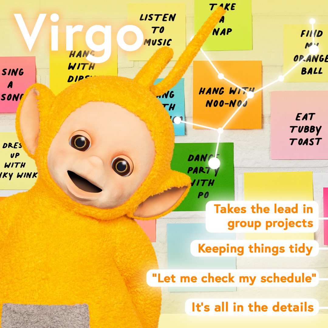 TeletubbiesHQ's tweet photo. Welcome to Virgo Season ♍️💛 https://t.co/qZ6kU5EGJN