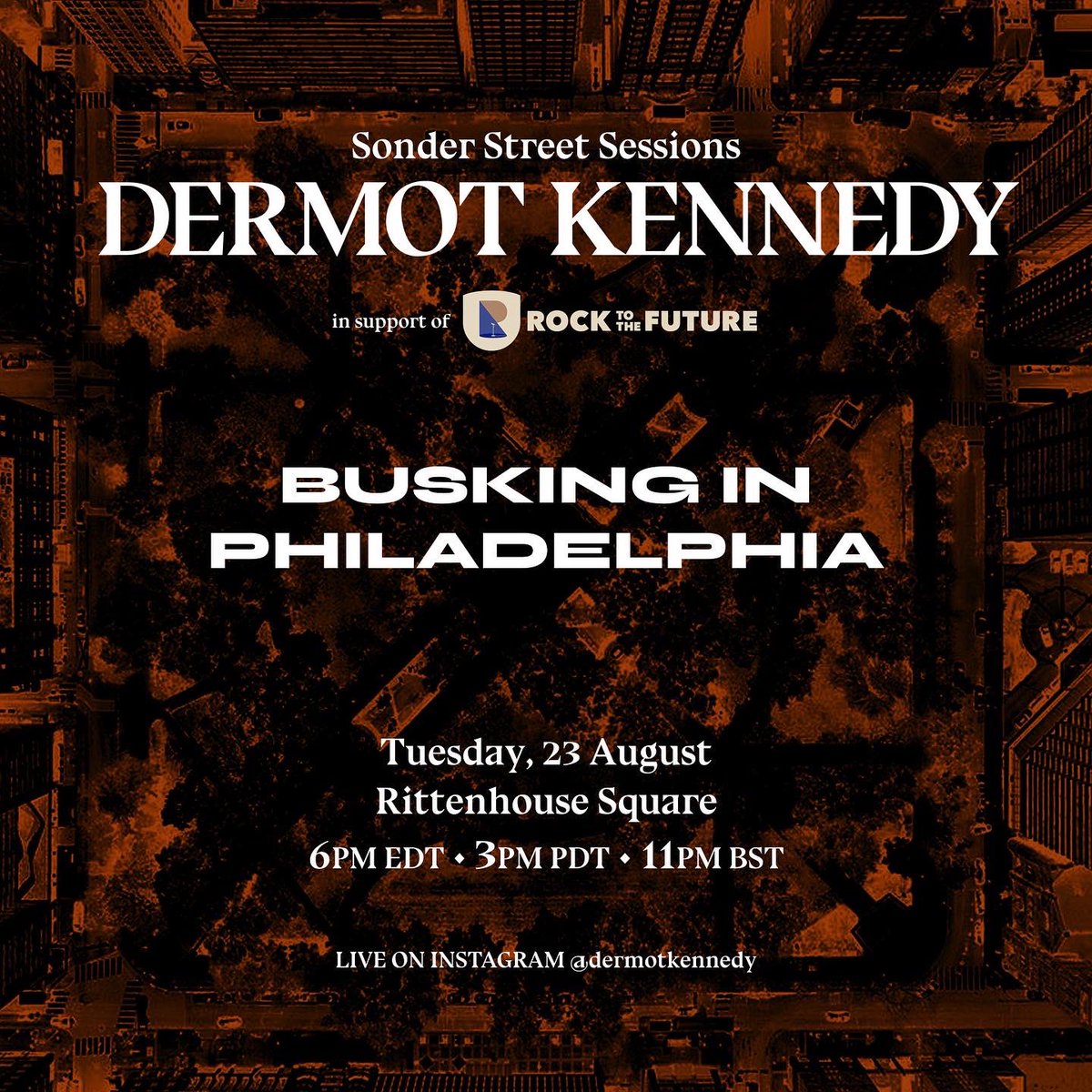 DermotKennedy's tweet photo. Philadelphia, who's excited for today's Sonder Street Session?? I'll be busking in Rittenhouse Square (in front of the Truist Bank) from 6pm EDT in support of @Rock2Future and the wonderful work they do - all will be live on Instagram too. See you soon!! #sonderstreetsessions https://t.co/cBMJa6RHE4