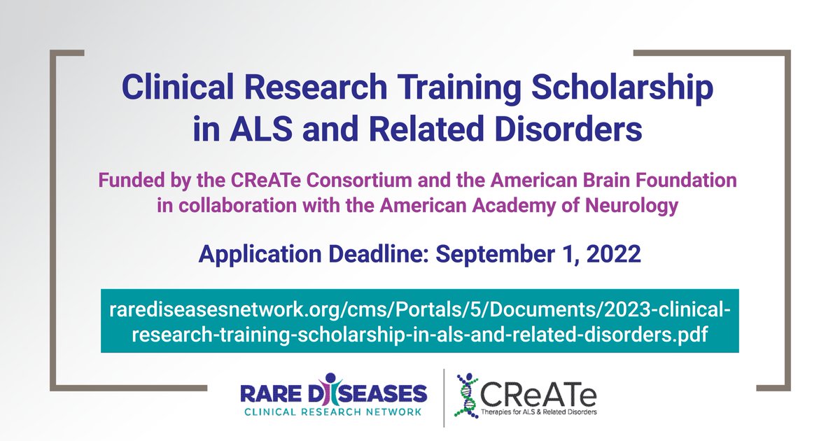 rarediseasesnet's tweet photo. New funding opportunity! Clinical Research Training Scholarship in #AmyotrophicLateralSclerosis (#ALS) and Related Disorders
✅ Funded by @CReATeRDCRN and @ABFbrain in collaboration with @AANMember 
✅ Application deadline: September 1, 2022
Learn more: https://t.co/MzaGPNccOu https://t.co/dg0p6CWYzG