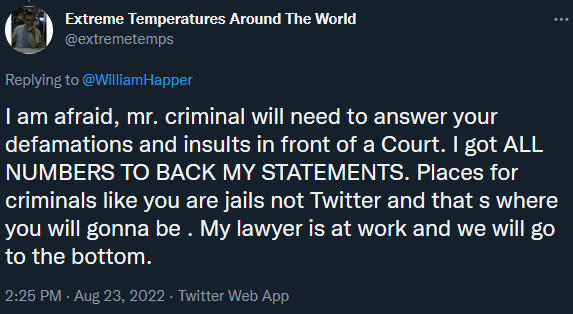 WilliamHapper's tweet photo. This is what happens when you disagree with a climate alarmist and calmly question things like historic data reliability in many regions. https://t.co/wz1NCP11VY