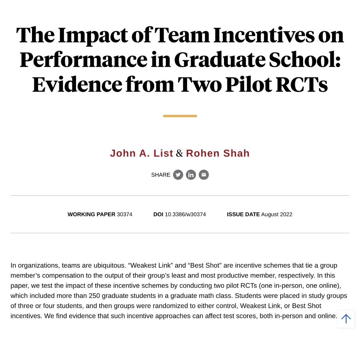 RohenShah's tweet photo. My first NBER paper! John List and I test various ways to incentivize teams of graduate students.  @Econ_4_Everyone @nberpubs #EconTwitter https://t.co/WFAKbj1dhG