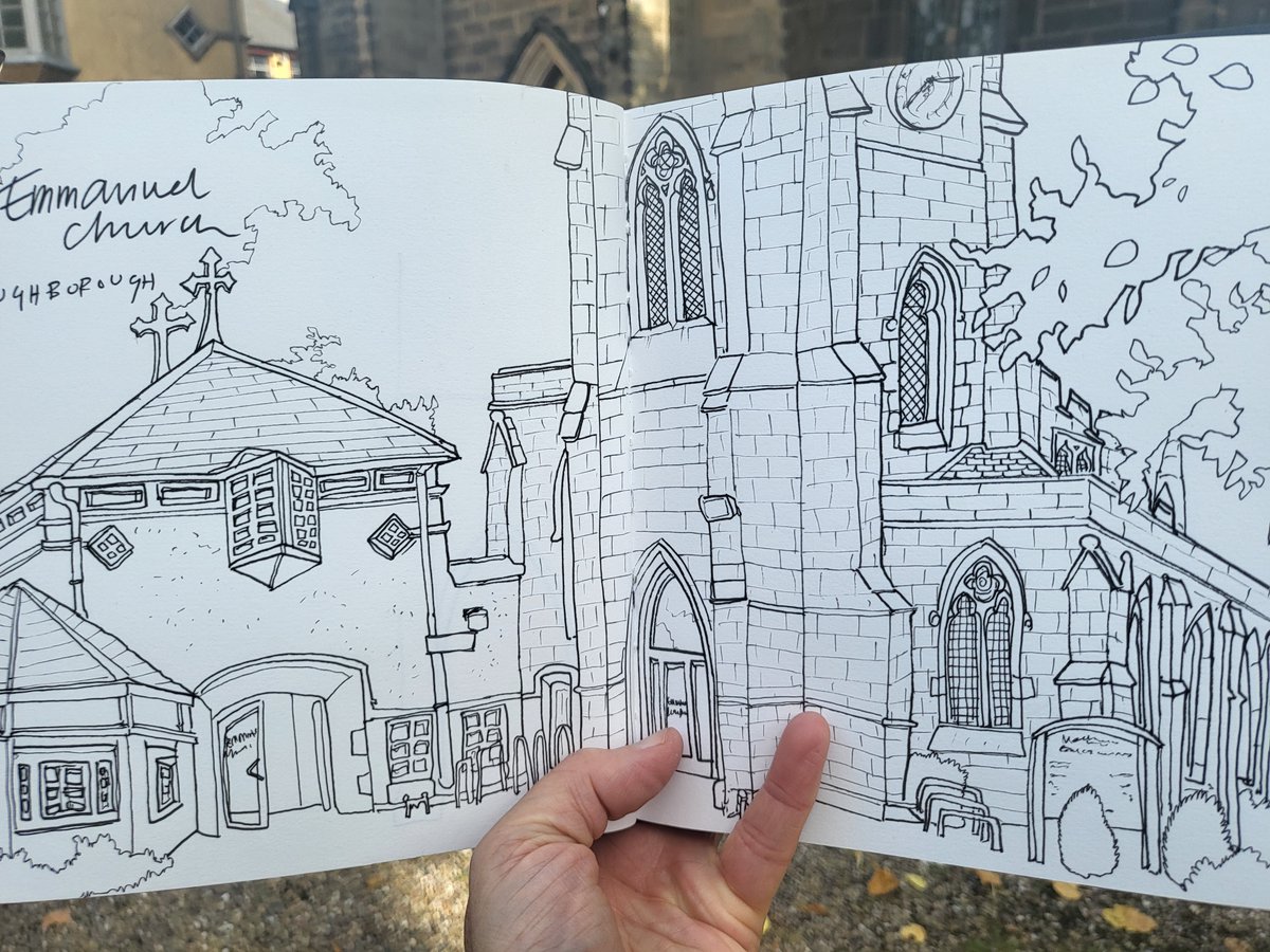 The drawing of #emmanuelchurch #loughborough which is an exciting marriage of old and new. I know this church well as I was a Loughborough art student many years ago. 
#hayleydrawschurches #leicesterdiocese #dioceseofleicester #leicscofe #urbansketchers #leicestershirehistory