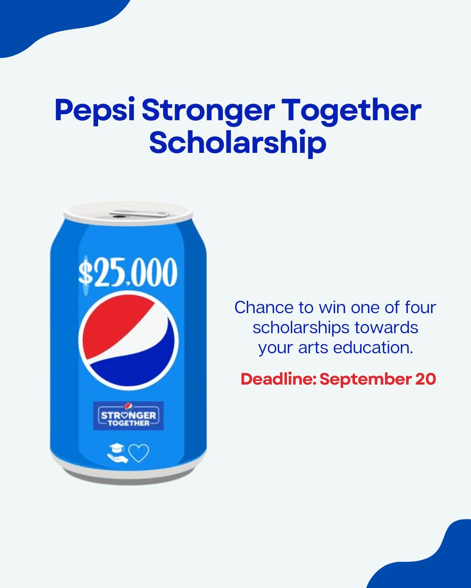 Scholarshipscom's tweet photo. #ScholarshipSpotlight

@PepsiStronger Scholarship is a national initiative to empower and engage high school seniors around the country by providing tailored programming and resources that bring people together.

Deadline: September 20
Apply now:  https://t.co/m5RBUApQ9d https://t.co/PHacbrsWTU