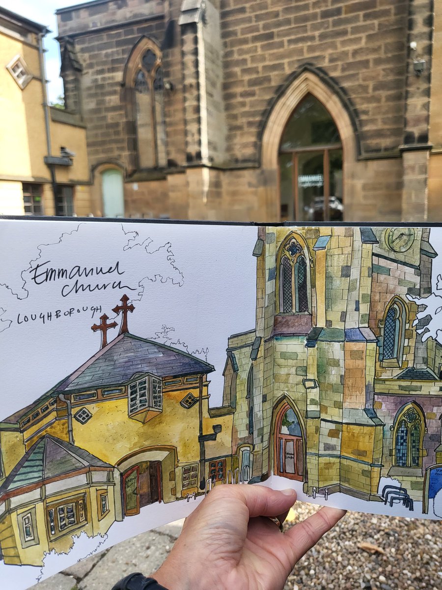 I hope the final drawing reflects the happy meeting of old church and modern extension which makes it so distinctive from the road.  So many people coming and going too-it's a hub of activity! I was never alone!  #hayleydrawschurches #leicesterdiocese #loughboroughchurches