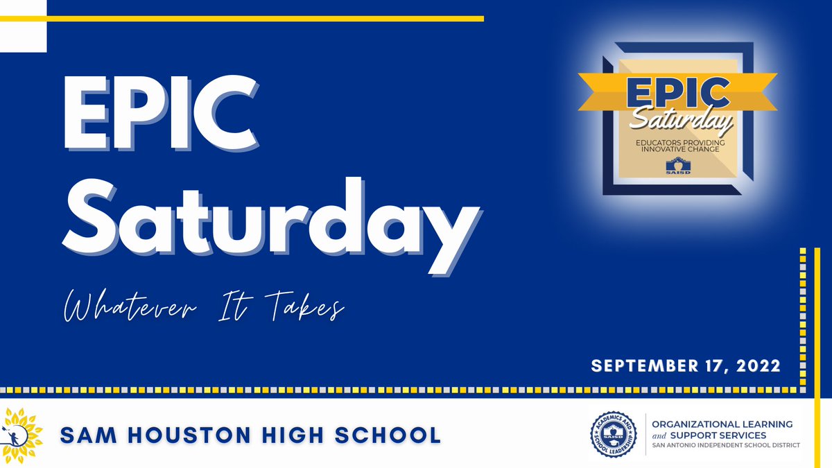 SAISDorg_lrn's tweet photo. Save the date for our first #SAISDepicSaturday on Sept. 17 at @SAISDSamHouston high school! Catalog of sessions is coming soon. Register for all sessions in Performance Matters. #professionallearning @ColleenBohrmann @PattiSalzmann @SAISD_CI @SAISDAcademics https://t.co/1WCiEVBSSe