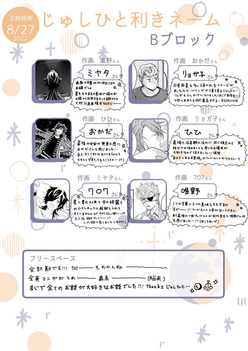 #じゅしひと利きネーム推理
Aブロックで参加しているのでBブロックの方を推理させていただきまた‼️✊
この人の絵でこのネームが見えました‼️って勘で推理(?)してます
天才しかおらんかったことしかわからん...‼️‼️‼️