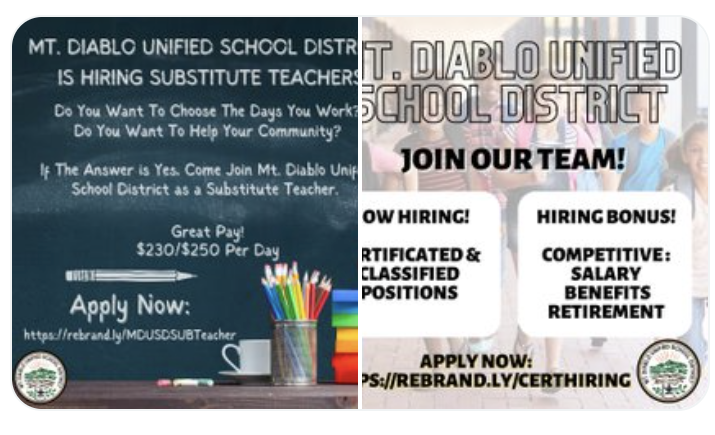 MtDiabloUSD's tweet photo. Interested in job opportunities in #MDUSD? Follow @MDUSDHR! @CoCoSchools @WeAreCTA @CSEA_Now @StmarysKSOE @DVC_updates @CA_Concord @PleasantHill_CA @ConcordChamber1 @cityofmartinez @EastBayPatch @ConcordClayton @CLAYCORD @EDJOIN @CFTunion @contracostalib @CCCounty @WDBCCC https://t.co/DMsGvcVxcO