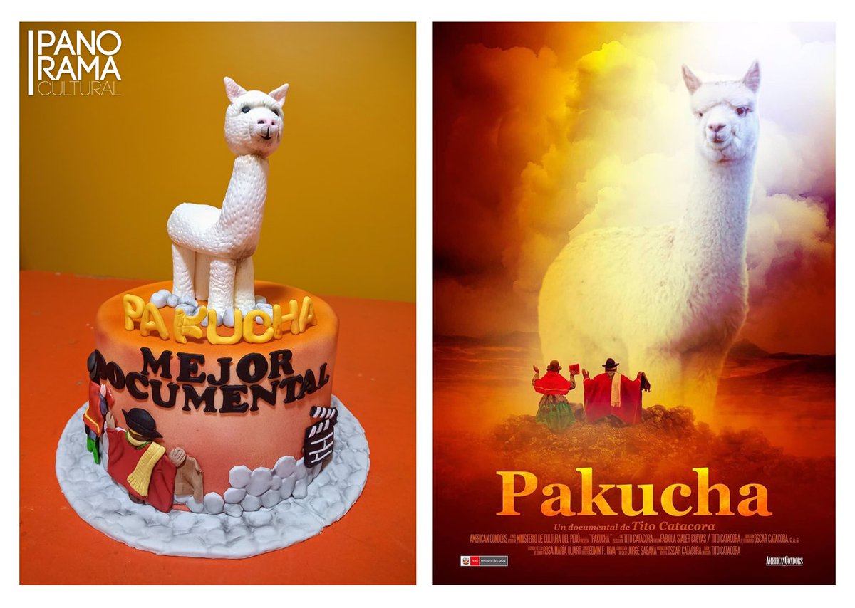 PanoramaCultur's tweet photo. #CINE Con este pastel, el equipo de #Pakucha celebró el Premio a Mejor documental del 26° #FestivalDeCineDeLima. La cinta producida por Óscar Catacora –que muestra el ancestral ritual que evoca al espíritu de la alpaca para obtener prosperidad– se estrena pronto en cines. https://t.co/H59NWDQajZ