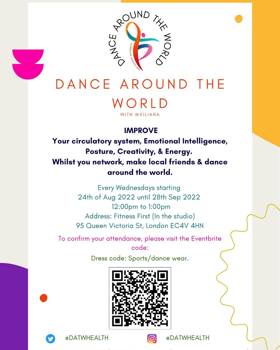 DATWHEALTH's tweet photo. Lunchtime taster 6-week dance wellness class.
Come and join in the #fun and move your body in a creative way for an hour.
Build #body #confidence, balance emotions, and better bad #posture,
#eventinlondon
#danceclasses
#wellness
#Health
#nhs
#socialprescribing
#postive https://t.co/WrOpSKTVcl
