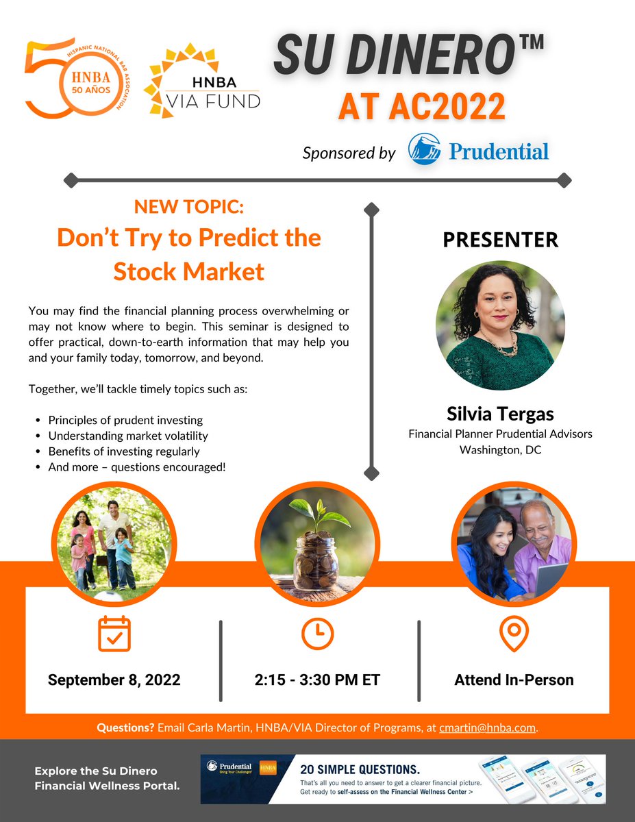 HNBANews's tweet photo. AC2022 is full of informational programs! Su Dinero, presented by Silvia Tergas, will help you better manage your money. A special thank you to @prudential for sponsoring this event!
#AC2022 #HNBA #HNBAFamilia #SuDinero #HispanicBar #BarAssociation #LatinoLawyer https://t.co/gS2362J6zW
