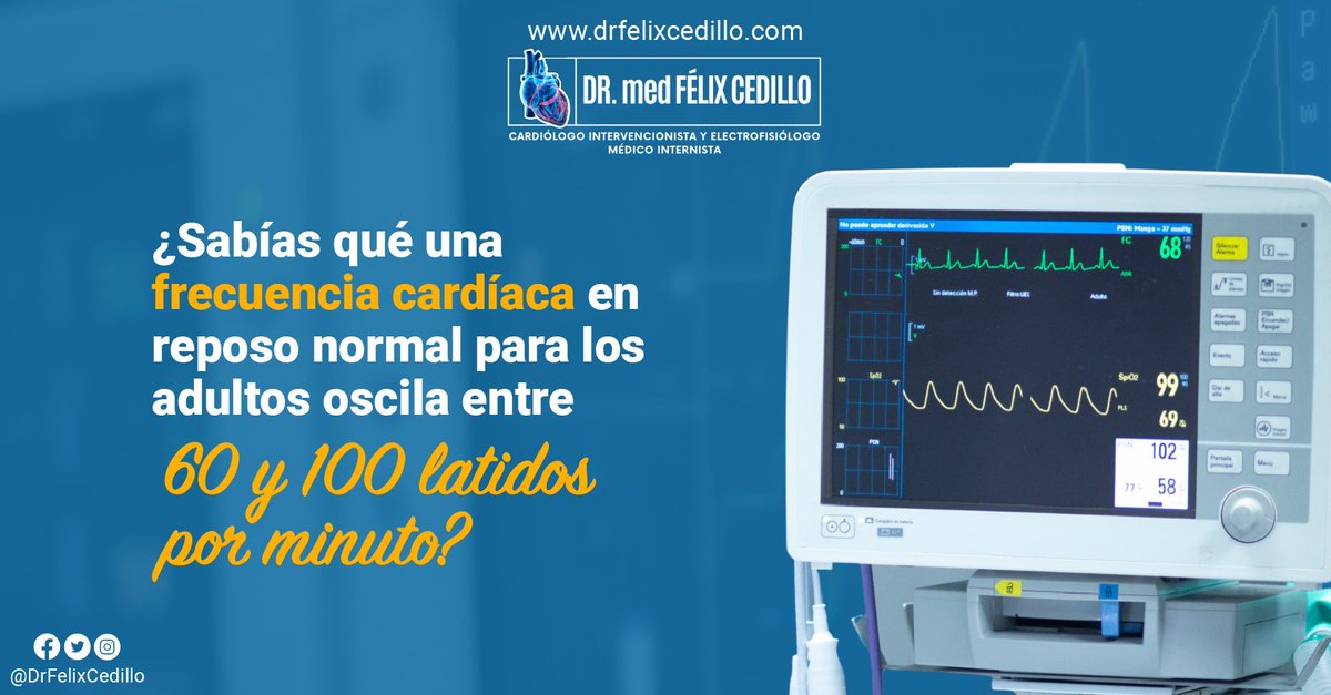 drfelix_cedillo's tweet photo. Consulta si tu frecuencia cardíaca, en reposo, está por encima de 100 latidos por minuto o si no eres un deportista y tu frecuencia en reposo está por debajo de 60 latidos por minuto.

#DrFélixCedillo #Cardiólogo #FrecuenciaCardíaca  #LatidosXMinuto #CuidaTuCorazón https://t.co/ciDpW2XJlv