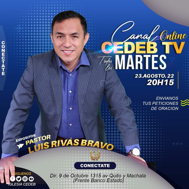 iglesiacedeb's tweet photo. MARTES A LAS 20H15 / Transmisión en VIVO
Conectate No te lo pierdas, por la señal de CANAL CEDEB TV
📲 Facebook/Youtube
📌CEDEB: Esta ubicado en 9 de Octubre 1315 av Quito y Machala (Frente Banco Estado) Visitanos...
#DiosEsBueno #Comparte #cedebtv https://t.co/rhmwGmDB7b