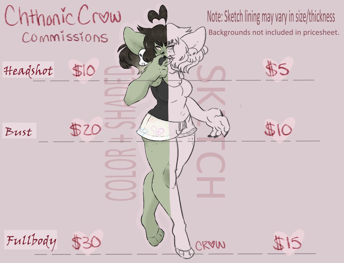 ChthonicCrow's tweet photo. Updated my commission sheet! 
You can contact me directly on any of my social media, or commission through my Ko-fi! 
https://t.co/uGtm9MpgFU

#art #commissionsopen #Commission #kofi https://t.co/1uKuw2myLU