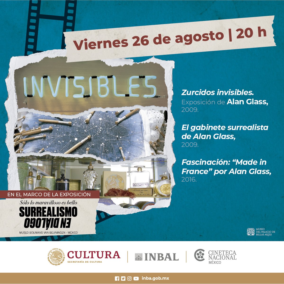 En el marco de la exposición "Sólo lo maravilloso es bello. Surrealismo en Diálogo”, la <a href="/CinetecaMexico/">Cineteca Nacional</a>
 y <a href="/mbellasartes/">Museo del Palacio de Bellas Artes</a>, te invitan a la proyección de Zurcidos invisibles/El gabinete surrealista de Alan Glass 📽👇