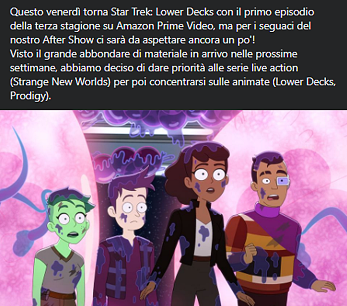 TalkingStarTrek's tweet photo. Questo venerdì torna #StarTrekLowerDecks su Amazon Prime Video, ma per i seguaci del nostro After Show ci sarà da aspettare ancora un po'! https://t.co/cTbq8WTHCZ