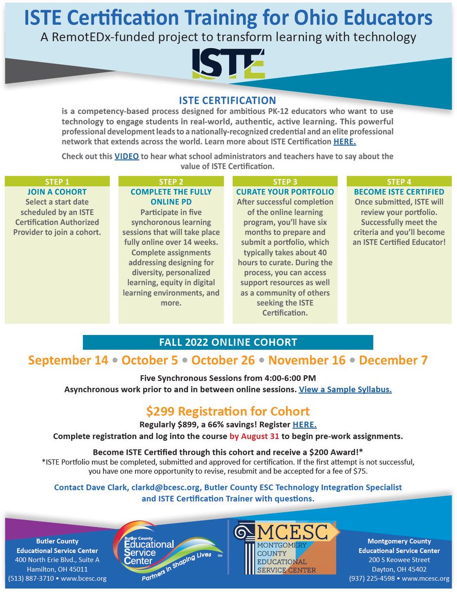 Interested in learning more about our @ISTE cohort kicking off Sept. 14? Ohio educators are eligible for #ISTEcert training at a reduced cost of $299 for a limited time. Join <a href="/EdTechDaveOH/">David Clark</a> for a virtual information session on Wed, Aug. 24 at 7PM: bcesc-org.zoom.us/j/95924296990#…