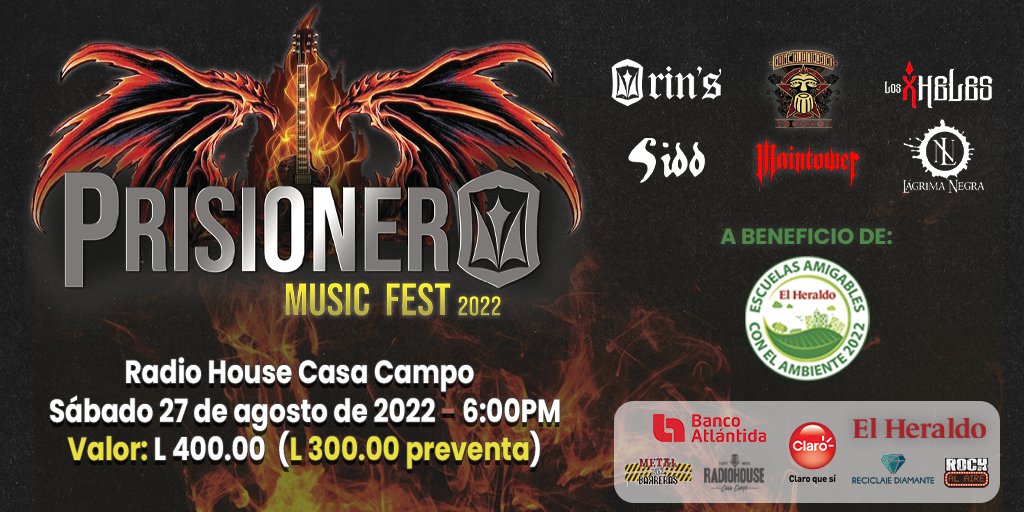 Prisionero Music Fest 2022, Sábado 27 de Agosto en @radiohousecasacampo 6 pm, Beneficio de #escuelasamigablesconelambiente con <a href="/CafeGuancasco/">Café Guancasco</a> <a href="/maintowermetal/">Maintower</a> <a href="/siddhnoficial/">Sidd</a> <a href="/LosXheles/">Los Xheles</a> <a href="/lagrimanegrahn/">Lágrima Negra</a>
GRACIAS a <a href="/bancatlan/">Banco Atlántida</a> <a href="/diarioelheraldo/">Diario El Heraldo</a> <a href="/clarohonduras/">Claro Honduras</a> <a href="/recidiamante/">reciclajediamantehn</a> <a href="/RockalaireH/">RockAlAire Hn</a>