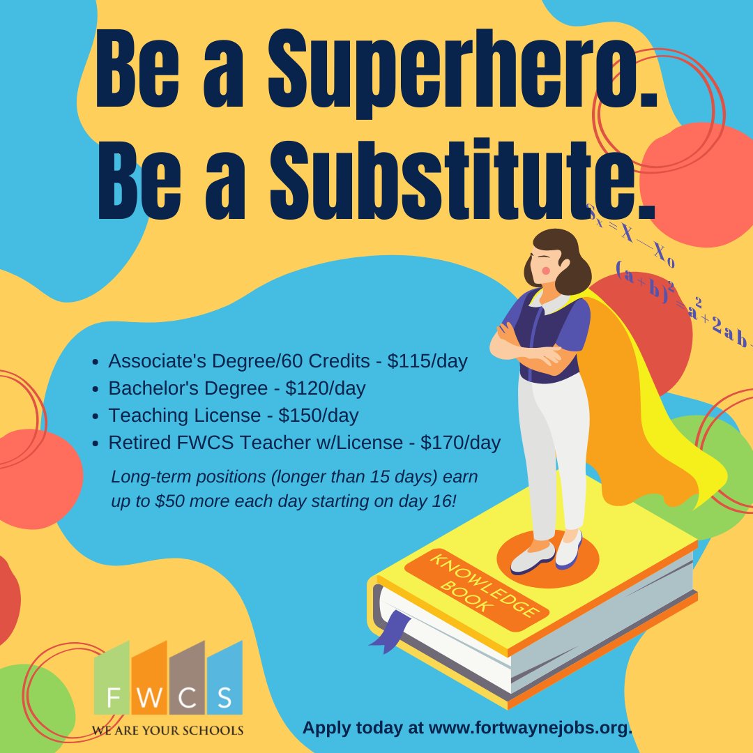 FWCommSchools's tweet photo. Looking for a flexible job where you can make a difference? Become a substitute teacher! We just increased our rates for those with bachelor's degrees and/or teaching licenses. Apply online at https://t.co/FG0Nvb945T #opportunitiesawait https://t.co/Y16tHs99n6
