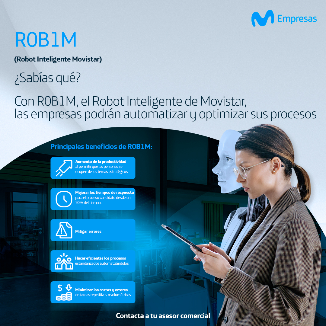 MovistarEmpCo's tweet photo. Descubre las ventajas de tener a R0B1M (Robot Inteligente Movistar) del lado de tu empresa aumentando la fuerza de trabajo digital con una experiencia automatizada, cercana y humana.
#R0B1M #empresas  #SolucionesDigitales https://t.co/EgQy3mlIsO