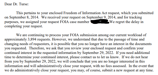 nickturse's tweet photo. Yet another letter of "regret" from DoD. It's been 8 years and we still haven't completed your #FOIA request. You get a month (!!!!!!) to decide whether you want to continue with the processing of this request

"...you may, of course, submit a new request at any time"

#FOIAfail https://t.co/WrnioZkCty