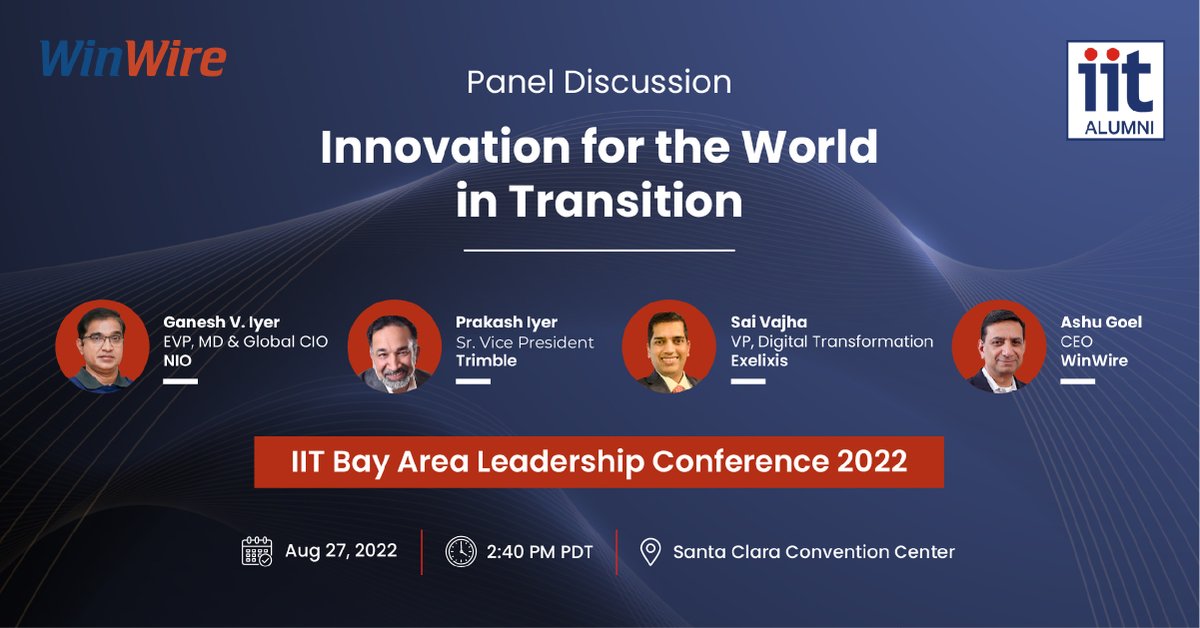 I'll be hosting a panel on 'Innovation for the World in Transition' at the <a href="/IITBayArea/">IIT Bay Area Alumni Association</a> IIT Bay Area Leadership Conference 2022. 

We invite you to register and join us at: iitbaycon.org

#purposefulleadership #purposedriveninnovation #digitaltransformation