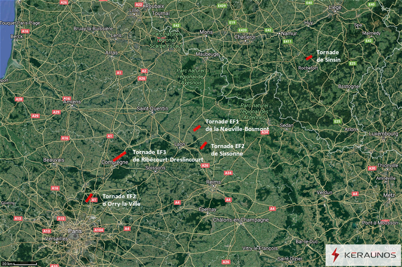Parmi les épisodes groupés de #tornades les plus marquants en France, celui survenu il y a tout juste 157 ans, le 23 août 1865 : 4 tornades distinctes frappent la #Picardie entre 12h et 14h, détruisant arbres et habitations, avant une 5ème en #Belgique : 