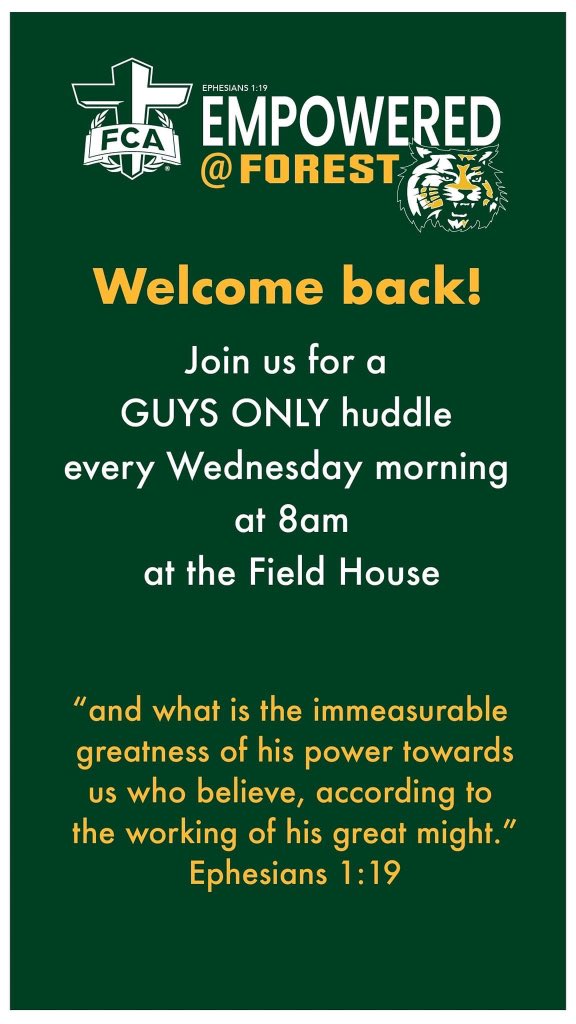 FHS_SOCCER_'s tweet photo. Hey ladies! Join Coach Mack tomorrow morning at 8am for the first FCA GIRLS ONLY huddle of the year! GUYS ONLY huddle is at the Field House. 💛💚 https://t.co/58BqNOF4K1