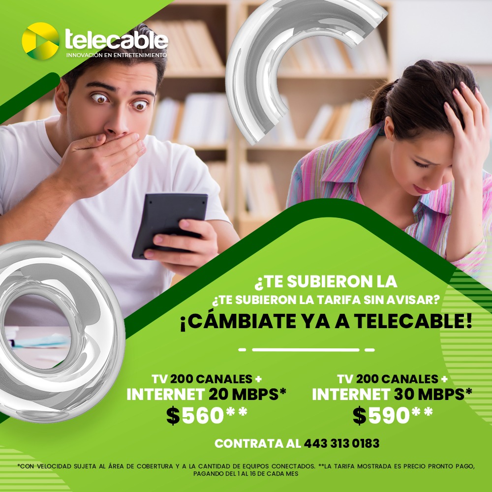 ¿Otra vez subió la tarifa de tu servicio de TV o Internet y no te avisaron? ¡Cámbiate a Telecable y olvídate de esas "sorpresas"! Además, contrata sin plazos forzosos ni cajas digitales complicadas.

Consulta cobertura en #Morelia llamando al 443 313 0183. #tedamosmás