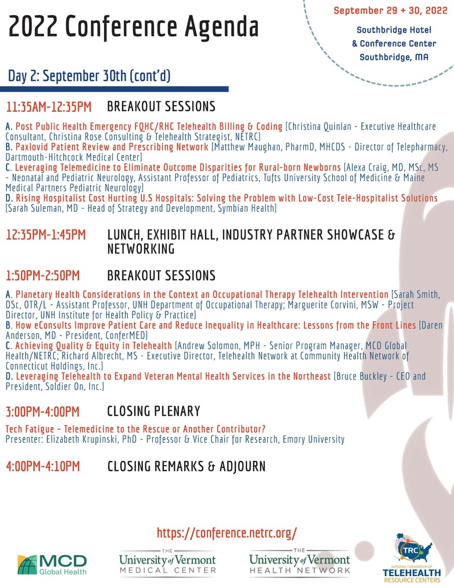 NortheastTRC's tweet photo. Ready for Lift Off?! 🚀🌌 The full agenda for the #NETRC22 #Telehealth Universe is here! 

With over 20 Unique sessions and topics, this agenda is one of our best yet; either in-person or online, we hope you'll explore it w/us! Learn more @ https://t.co/hh5SktnRNG https://t.co/HeyiA2tvtG