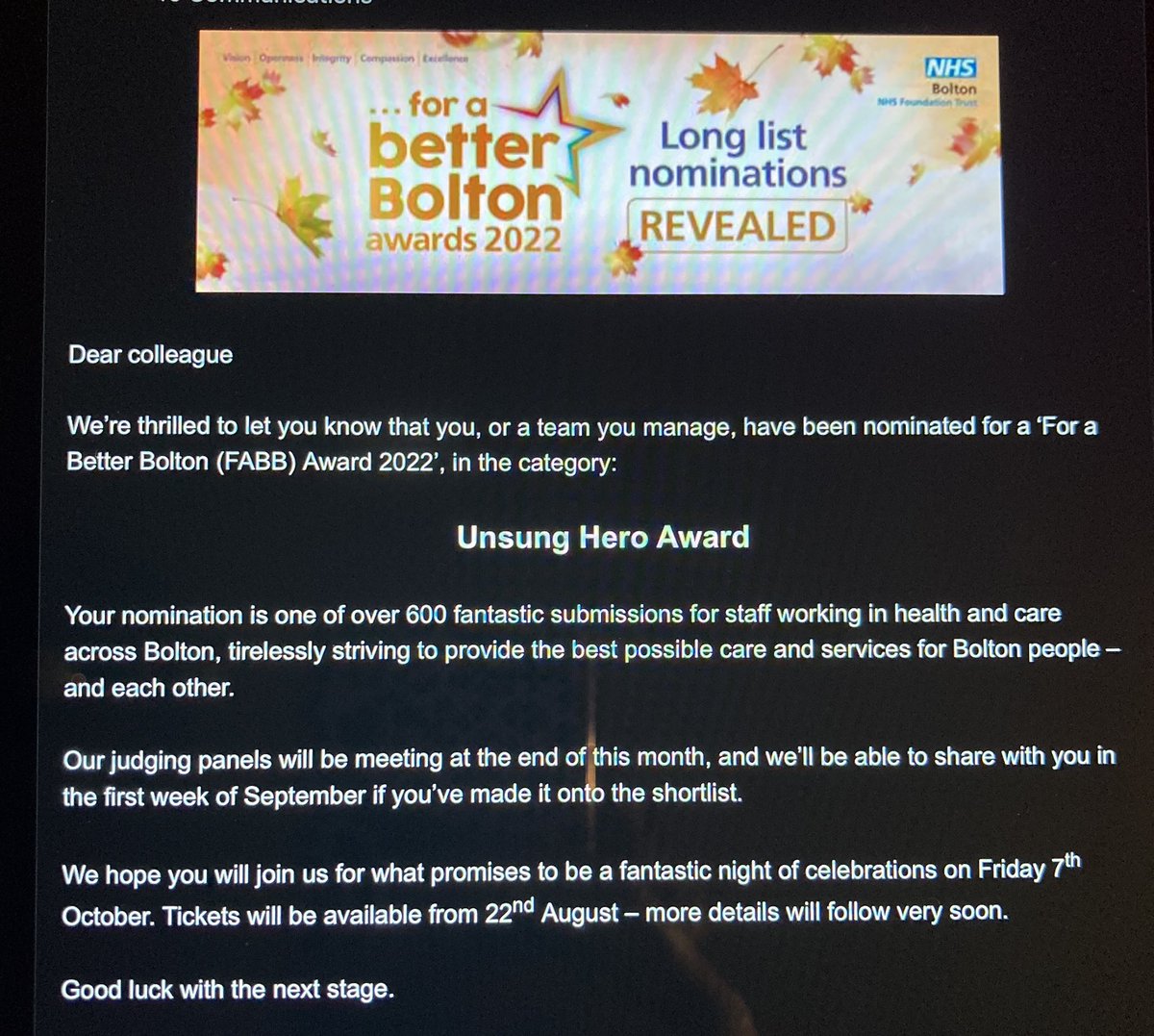 Very proud to come back off holiday to see this in my inbox 🤗. Some of my lovely team had already let me know but it was still a welcome email this morning 😊 @boltonnhsft @NW_RCOT