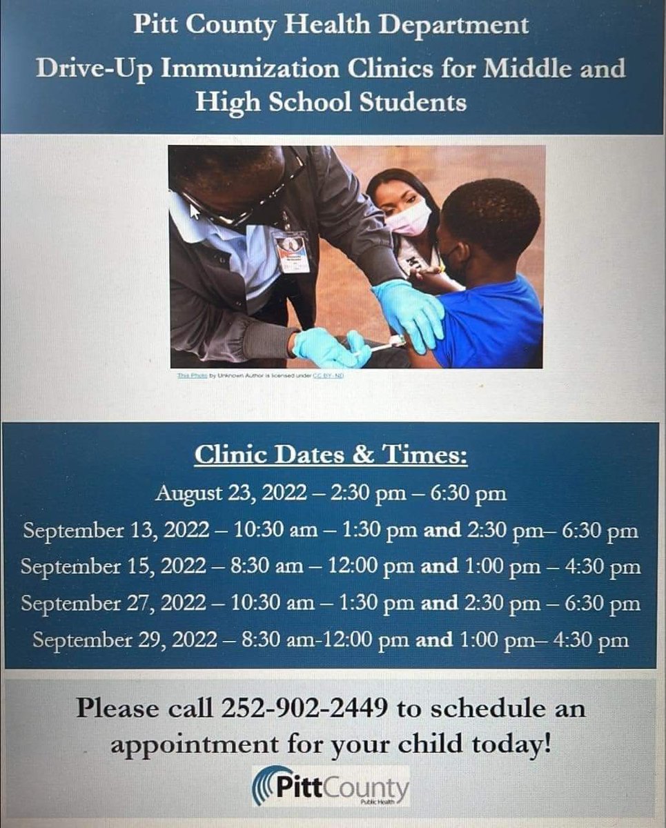A friendly reminder all K, 7th and 12th-grade students must have their immunizations completed within the first 30 days of school. Drive-up clinic dates and times for middle and high school students are listed below.