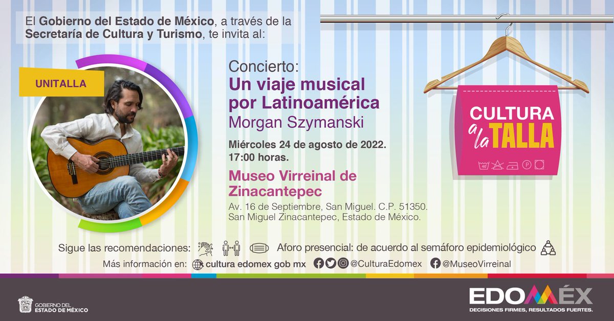 Acompáñennos a recorrer #Latinoamérica al ritmo de Morgan Szymanski, en un concierto para todas las tallas (edades). ¡Los esperamos en el @museo_virreinal! #CulturaALaTalla