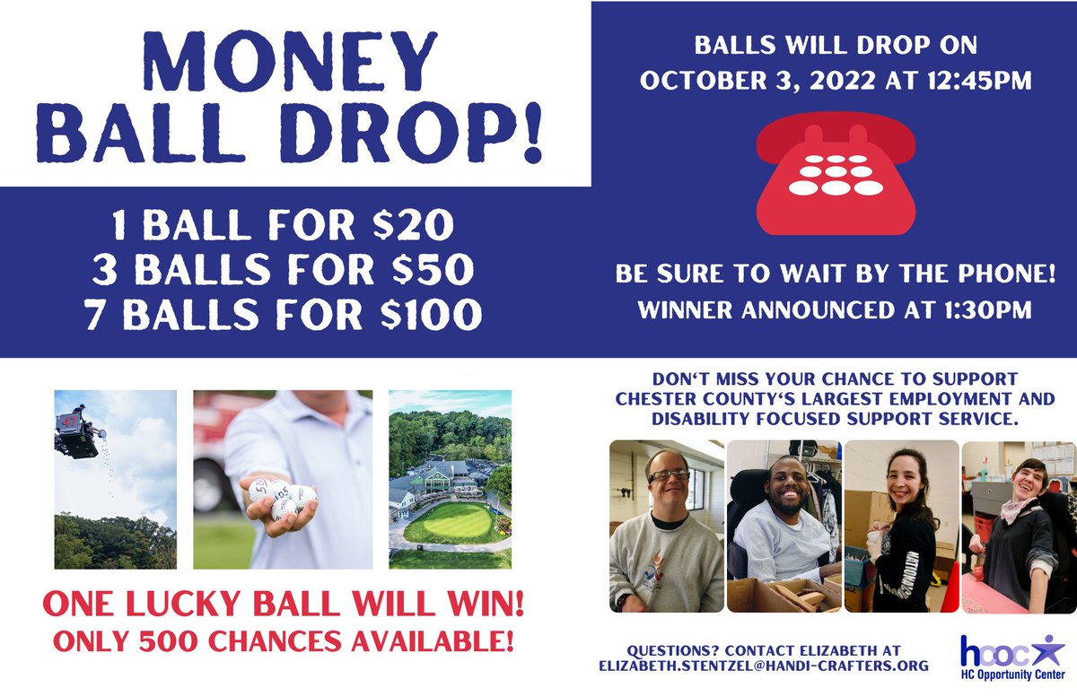 Are you feeling lucky??? 🤑🤑🤑🤑🤑

Here is your chance to support our mission and.... win $1000! Purchase your chances here : handi-crafters.org/money-ball-dro… 

#Winnerwinnerchickendinner #winathousanddollars #moneyballdrop #areyoufeelinglucky #HCOppCenter #Fundraiser #Inlcusion