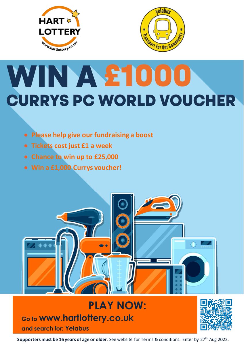 This Saturday 27th August your supporters will have the chance to win a fantastic £1,000 Currys voucher.

That's on top of their chance to win weekly cash prizes of up to £25,000!

Play <a href="/HartLottery/">Hart Lottery</a> - hartlottery.co.uk