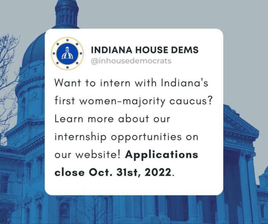 Applications are open 🚨📢 Indiana House DEMS is on the hunt for some interns!

#Internships#IndyInterns #opportunitites #marianuniversityindianapolis #muknights #muindy