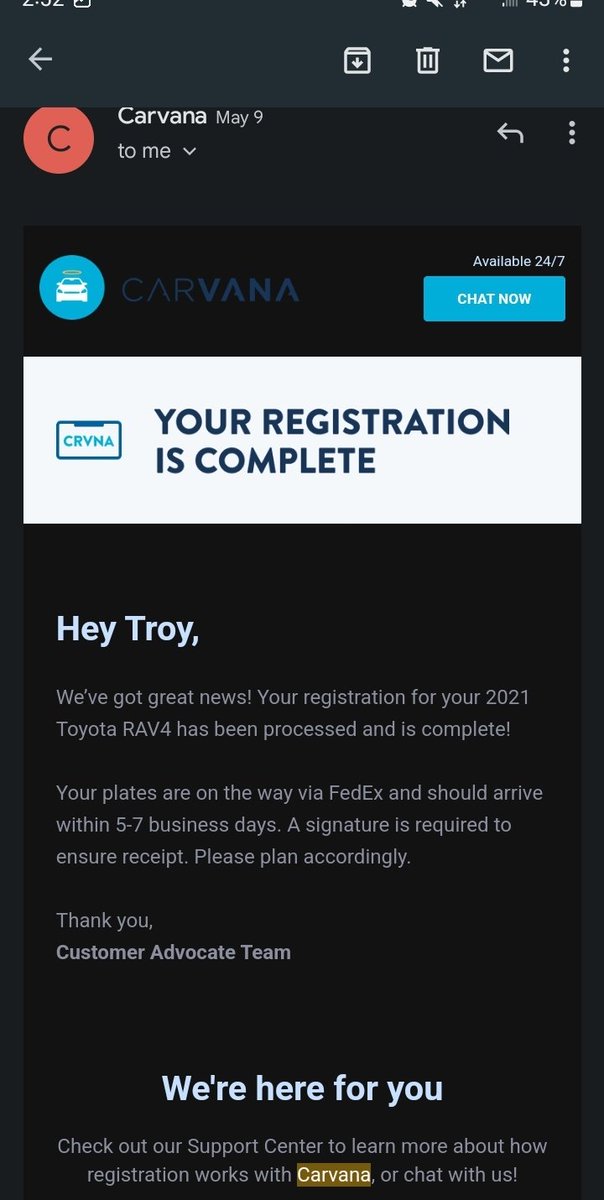 SmartTMouse's tweet image. Tell me @Carvana how you can say you don't take care of my registration when you send me this confirmation email letting me know my registration is complete and I should get my plates in 5-7 business days.