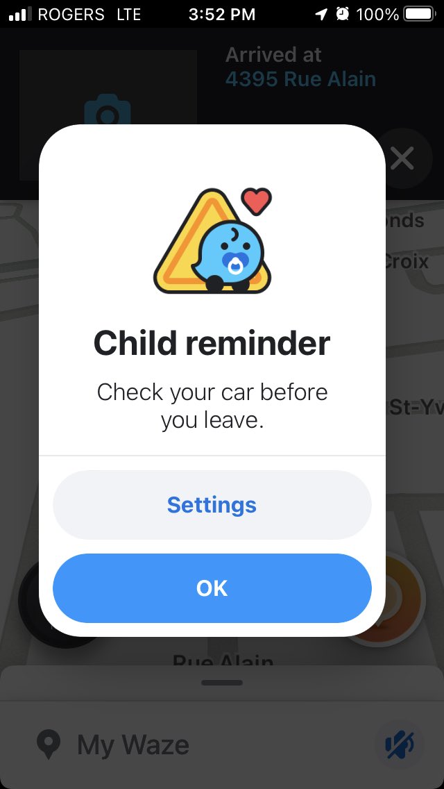 Riddell_Canada's tweet photo. @AKlineCTV I saw your report last night about technology to alert drivers to leaving a child unattended in a car, this is a screenshot from my Waze app, as soon as I reach my destination, and I don’t have any young children https://t.co/inEQ3EQxyn