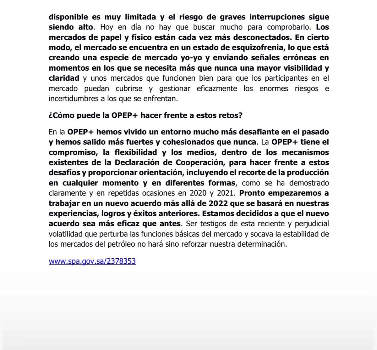 1/4 Desde Venezuela saludamos y respaldamos la oportuna y muy clara declaración del CoPresidente y Ministro de Energía del Reino de Arabia Saudita, S.E. Abdulaziz bin Salman, respecto a la fortaleza de la OPEP +; para hacer frente a los nuevos desafíos más allá del 2022.