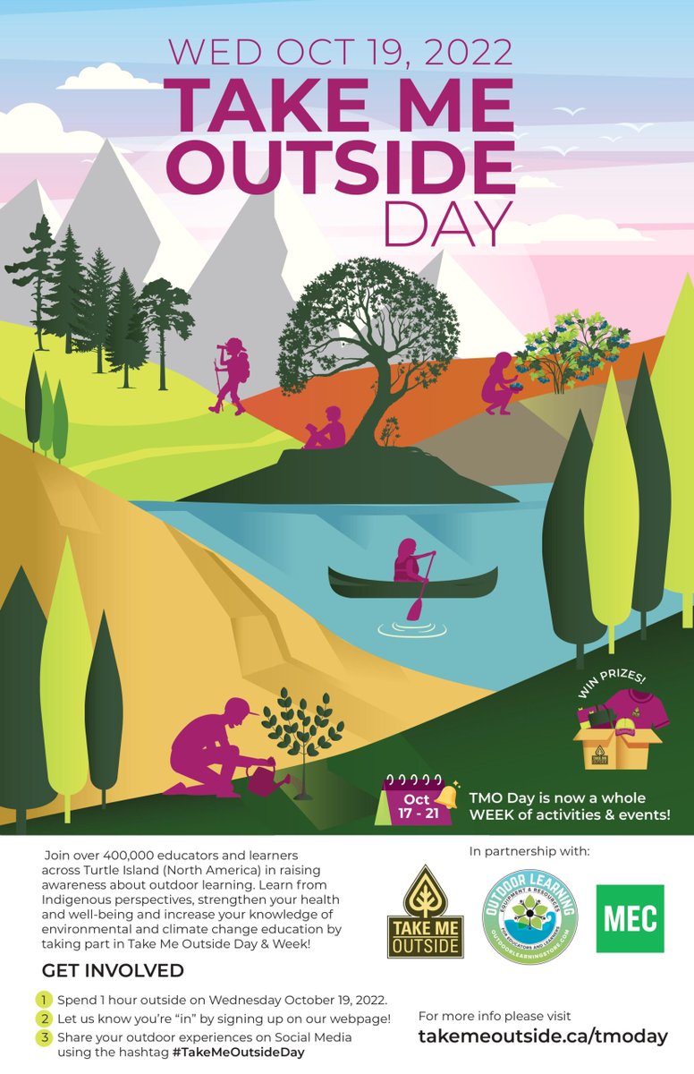 Save The Date! Take Me Outside Day is happening on Oct. 19, 2022 It's finally here. Mark your calendar for this full week of amazing activities, speakers, and events from Oct. 17-21. Sign-up now! takemeoutside.ca/tmoday/ #GEOEC #TakeMeOutside #OutdoorEd #ABed @takemeoutside