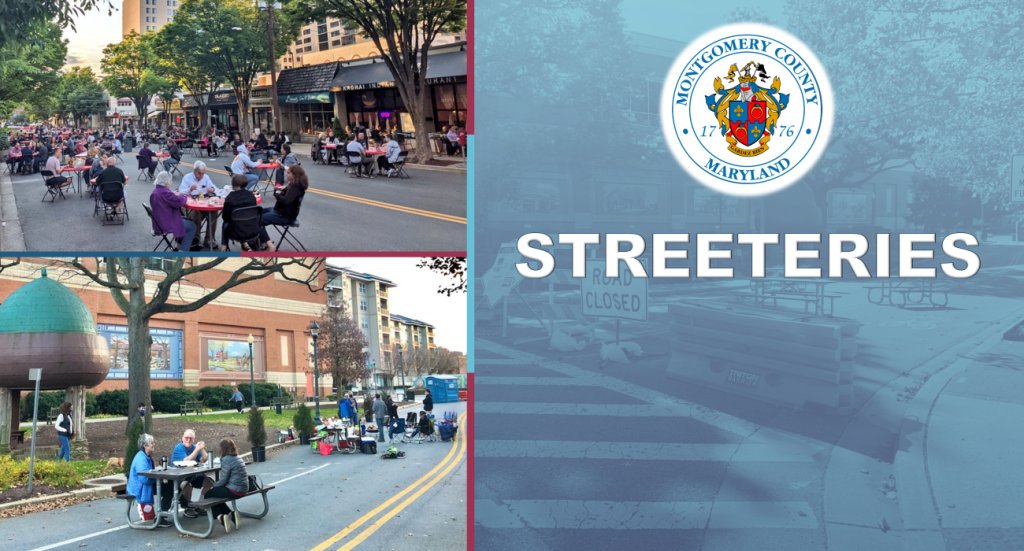 MCDOTNow's tweet photo. 📌UPDATED📌 
Montgomery County Provides Status for Four ‘Streeteries’ for Fall 2022 
https://t.co/hPeYyH5a1M 
@MontgomeryCoMD @SilverSpringMD @MontCoExec https://t.co/vN4EGcM5k5