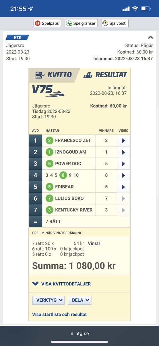 7 rätt på V75 🐎🏆 Lite dålig utdelning bara, men vad kan man förvänta sig med 6 spikar 😂