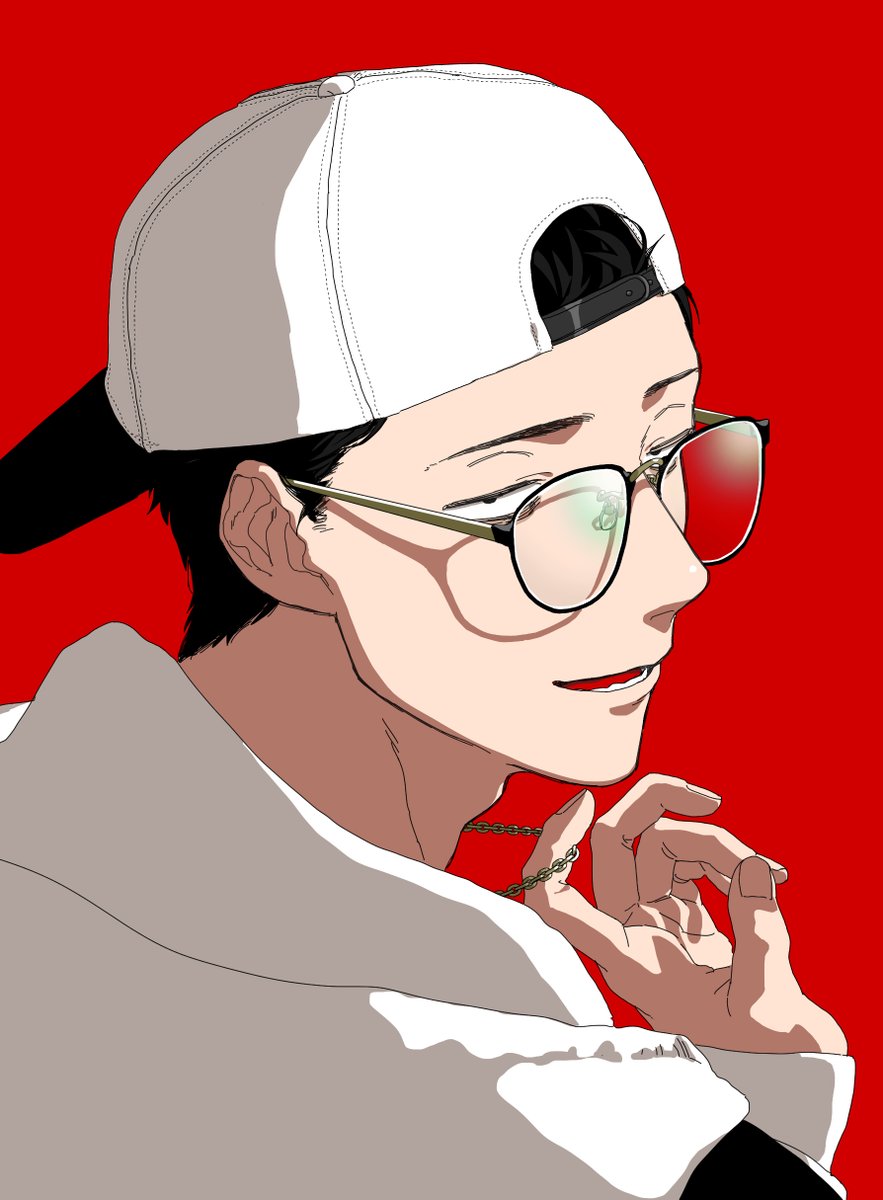 1boy male focus hat red background solo baseball cap black hair  illustration images