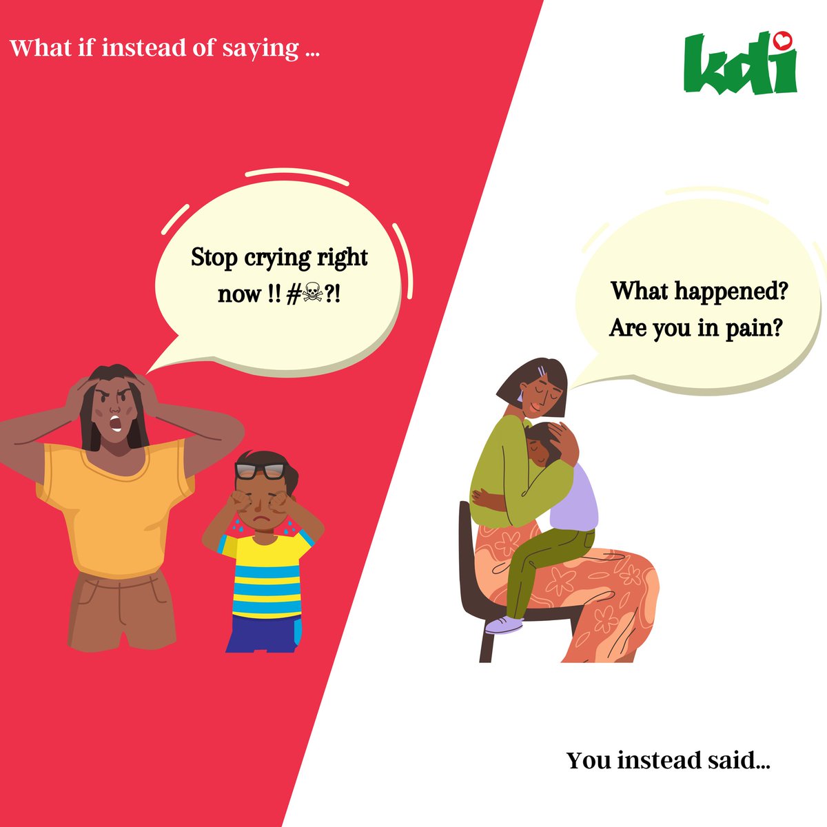 KalkabaDI's tweet photo. What if instead of saying "Stop crying!", you try to understand your child?
This will not make him/her feel that 𝐭𝐡𝐞𝐢𝐫 𝐞𝐦𝐨𝐭𝐢𝐨𝐧𝐬 𝐚𝐫𝐞 𝐧𝐨𝐭 𝐢𝐦𝐩𝐨𝐫𝐭𝐚𝐧𝐭.

You will need to try to show concern and a willingness to help.

#kdi #minderoofoundation #cameroon https://t.co/6BE84yvgCD